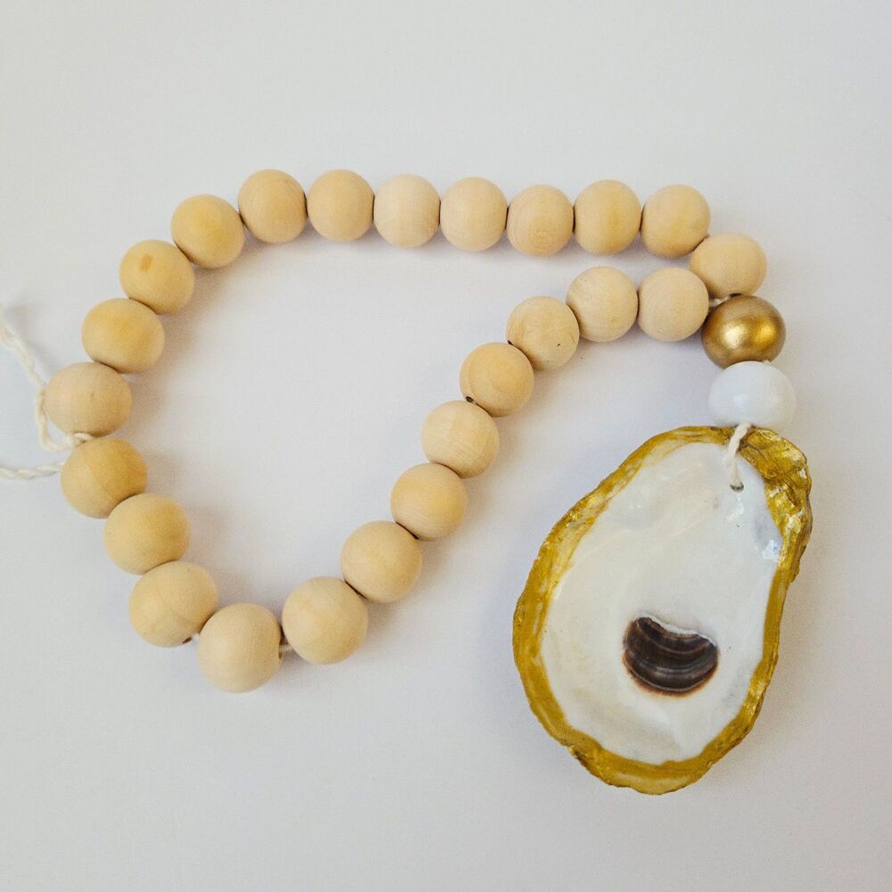 Oyster Shell Rustic Wood Bead Garland Wooden Blessing Beads Farmhouse Boho Decor